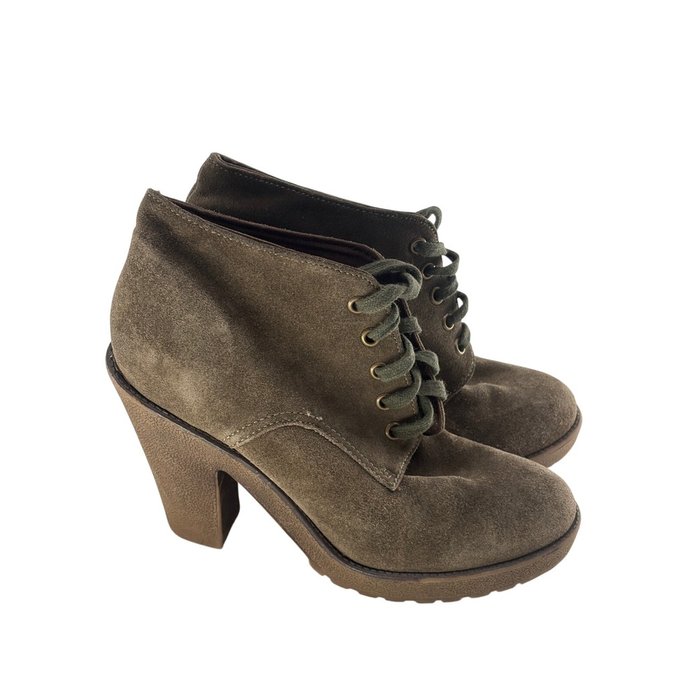 Cooperative Boots Booties Heeled Granny Lace Up Olive Green Suede Women Size 9